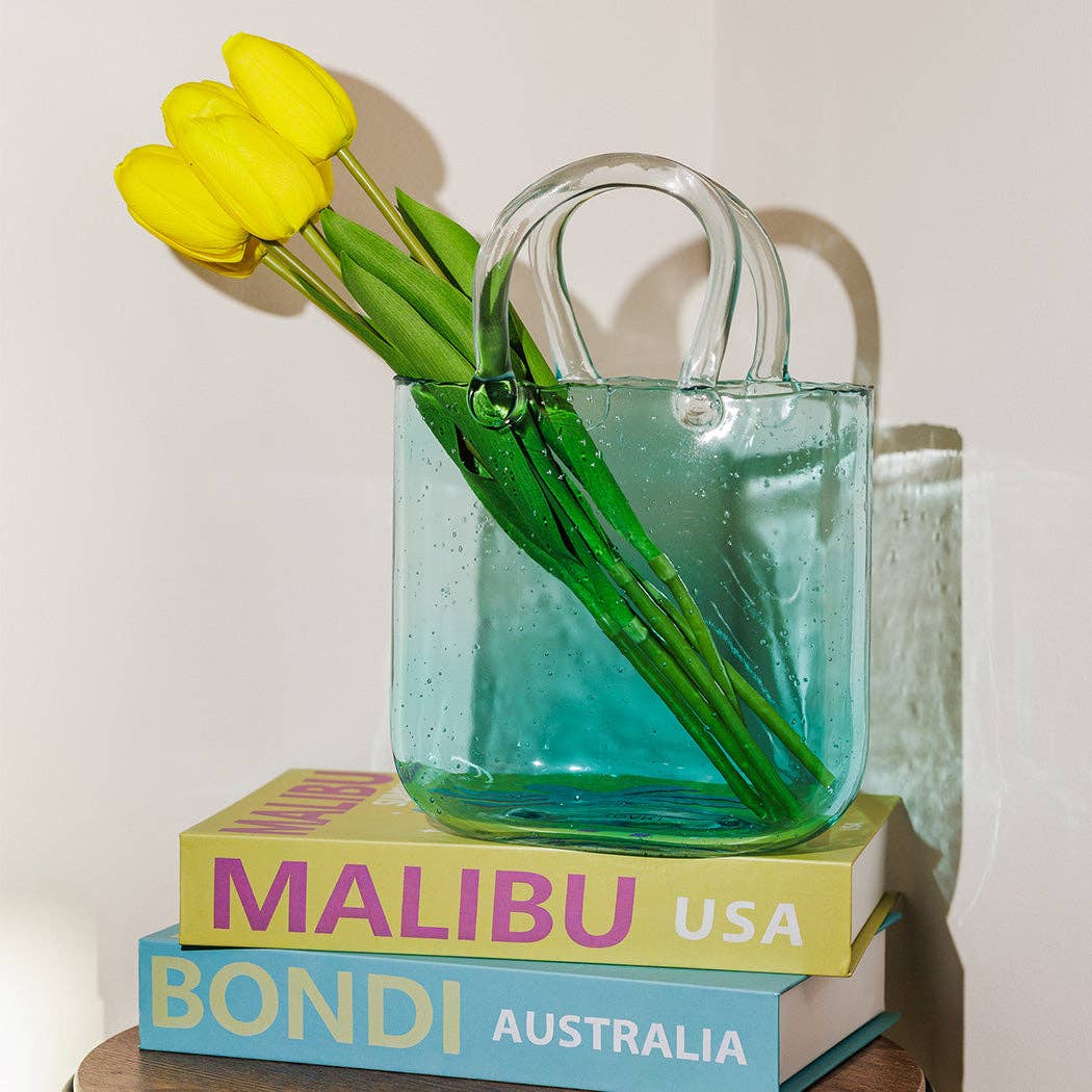 Sophia Blue Glass Handbag Vase – 19.5 × 9 × 27 cm