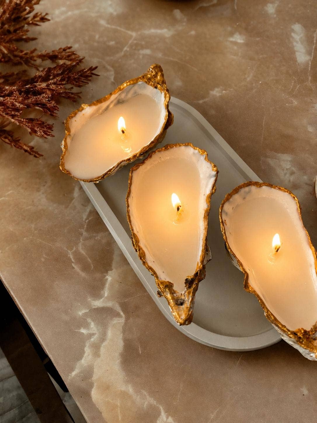 Oyster Seashell Candles Gold Painted