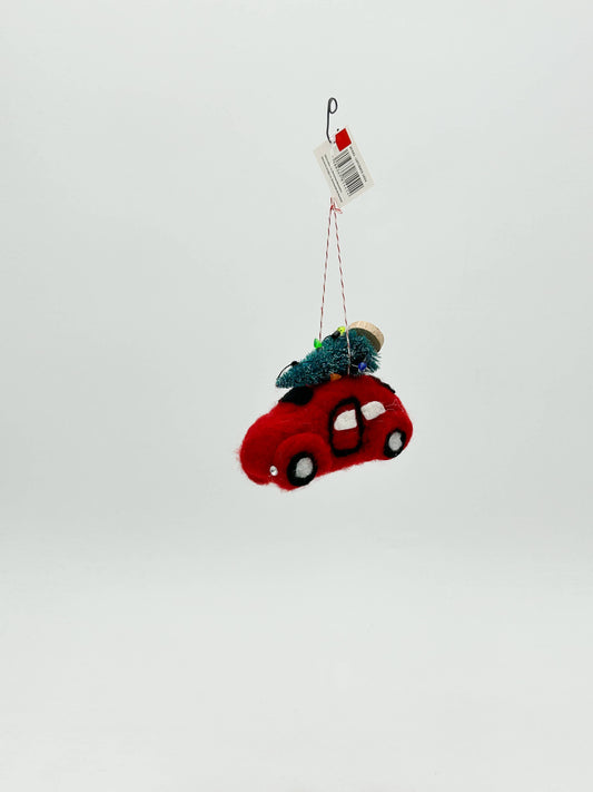 Red Car with Tree Felt Ornament
