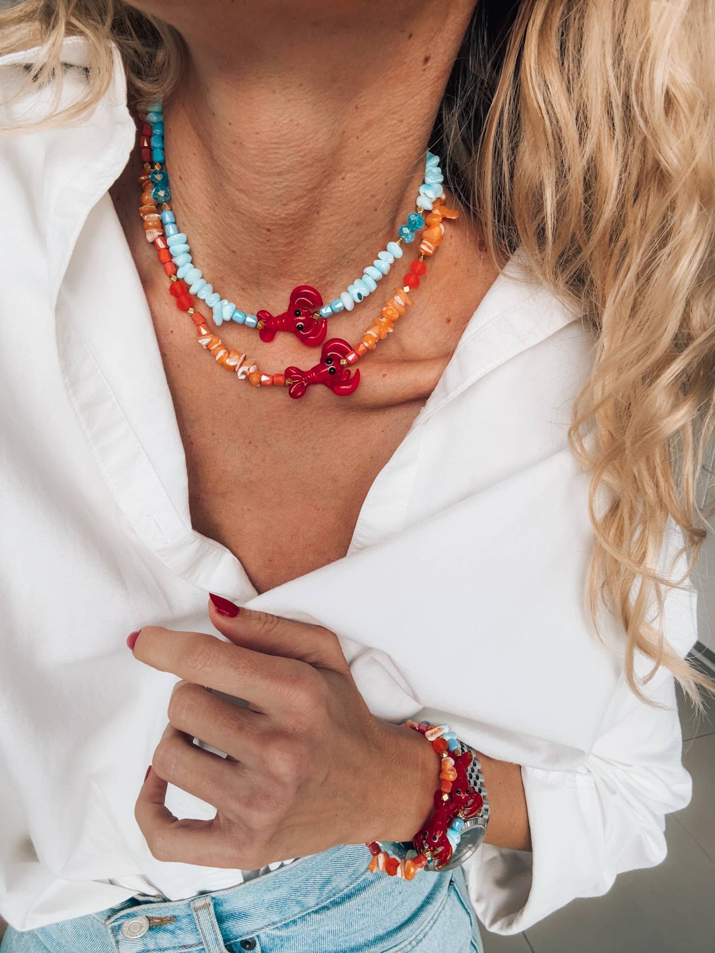 Glass Lobster Beaded Necklace - Orange
