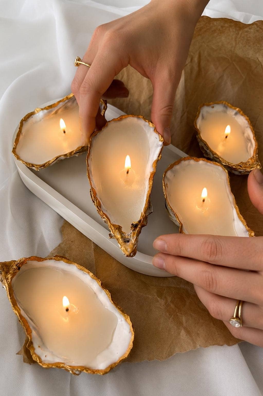 Oyster Seashell Candles Gold Painted