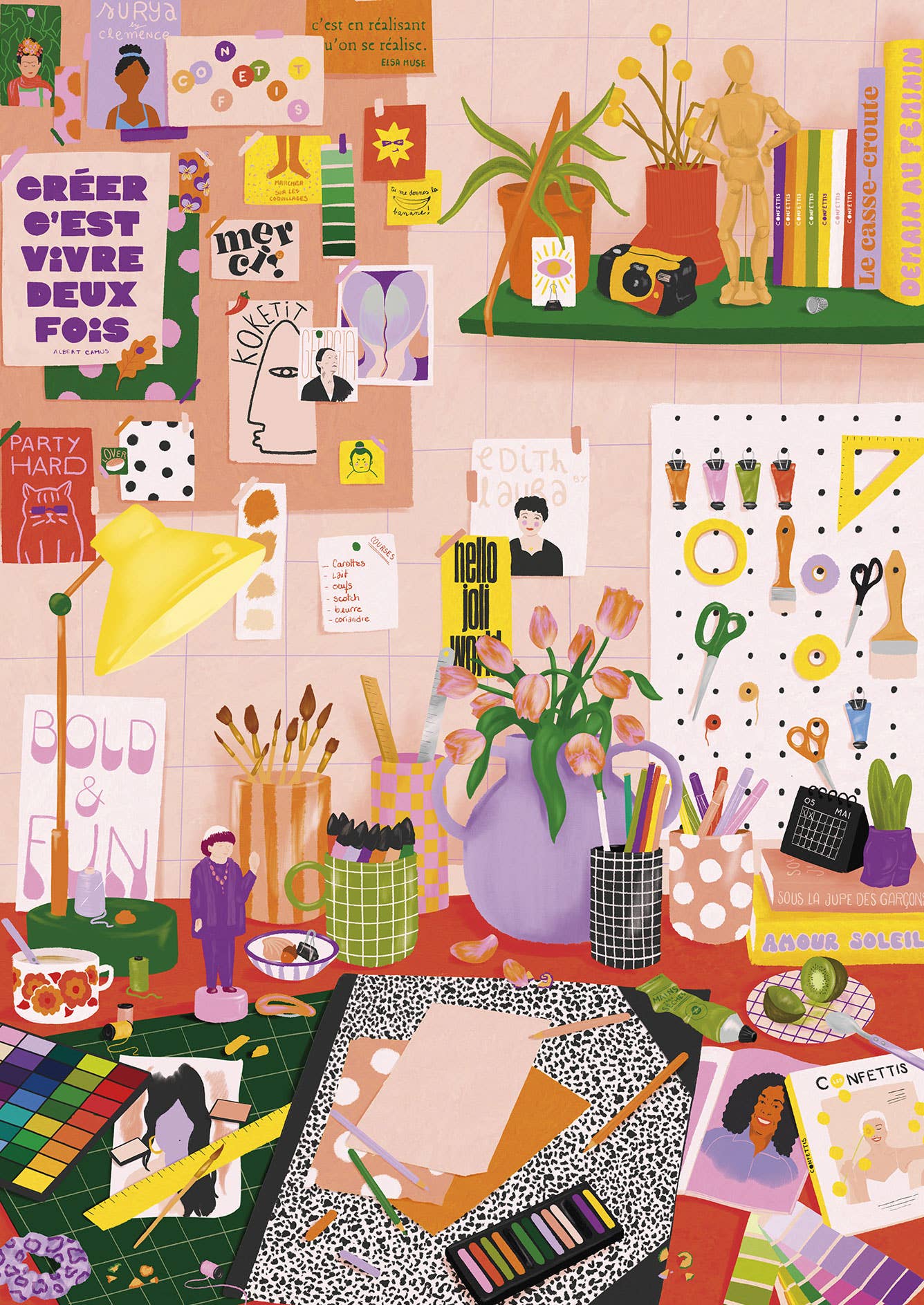 Colorful and vibrant room interior with various objects and decorations.